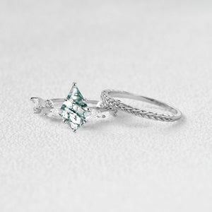 Kite Cut Moss Agate Leafy Vintage Engagement Ring Set 2pcs - Kelp