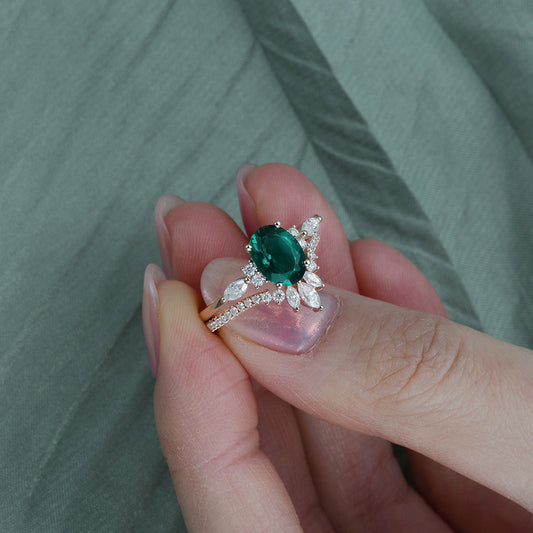 Black Gold 1.5ct Oval Cut Moss Agate Engagement Ring Set 2pcs