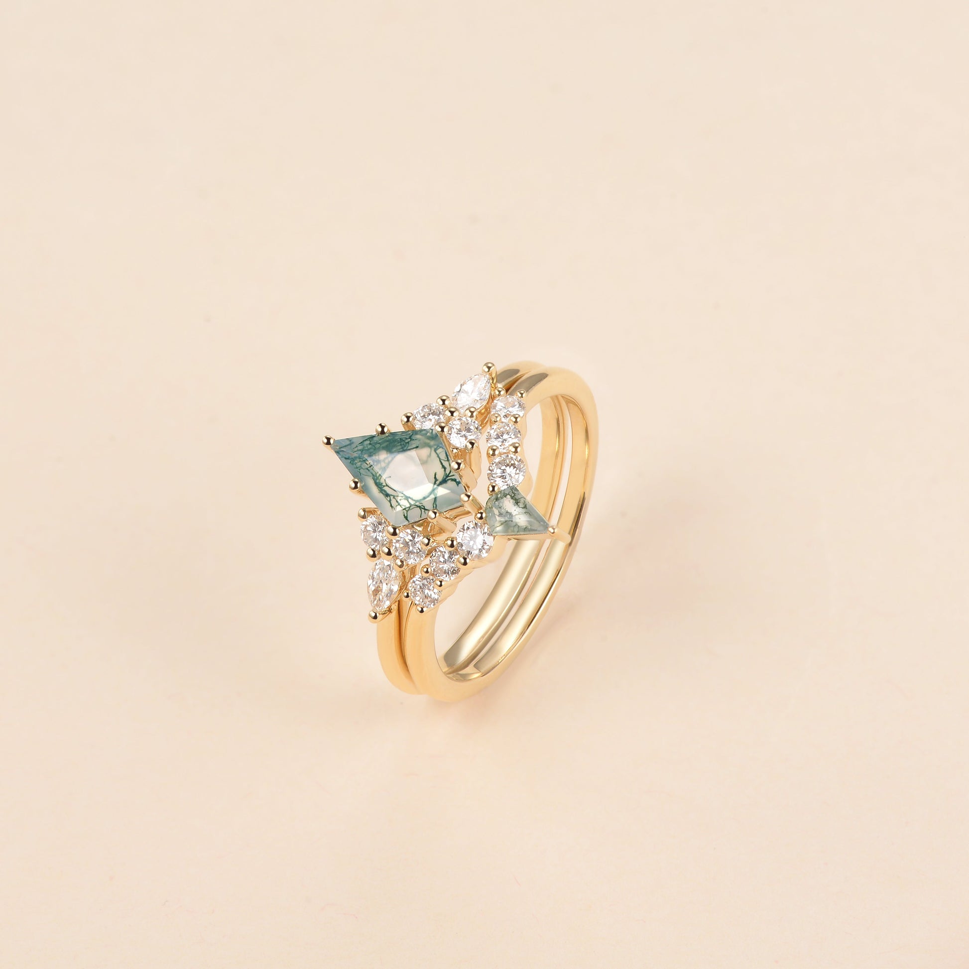 Twin Flames - Kite Cut Unique Moss Agate Engagement Ring Sets 2pcs - Zoey
