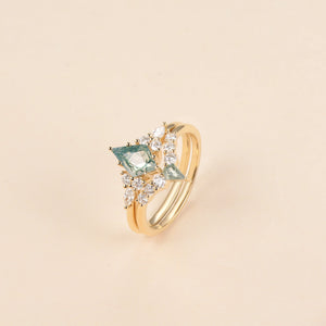 Twin Flames - Kite Cut Unique Moss Agate Engagement Ring Sets 2pcs - Zoey