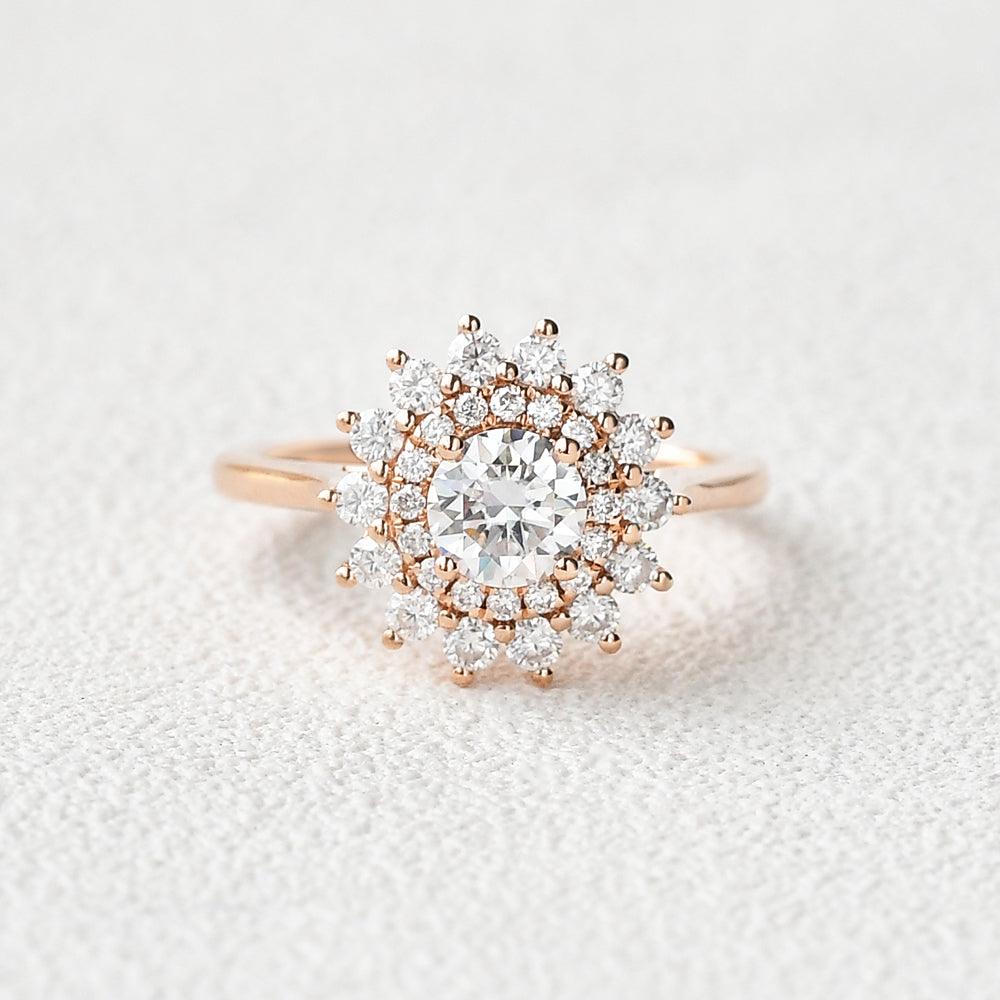 Flower Round Cut Moss Agate Rose Gold Ring