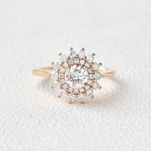 Flower Round Cut Moss Agate Rose Gold Ring