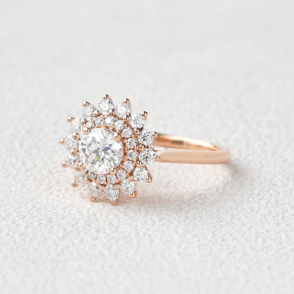 Flower Round Cut Moss Agate Rose Gold Ring