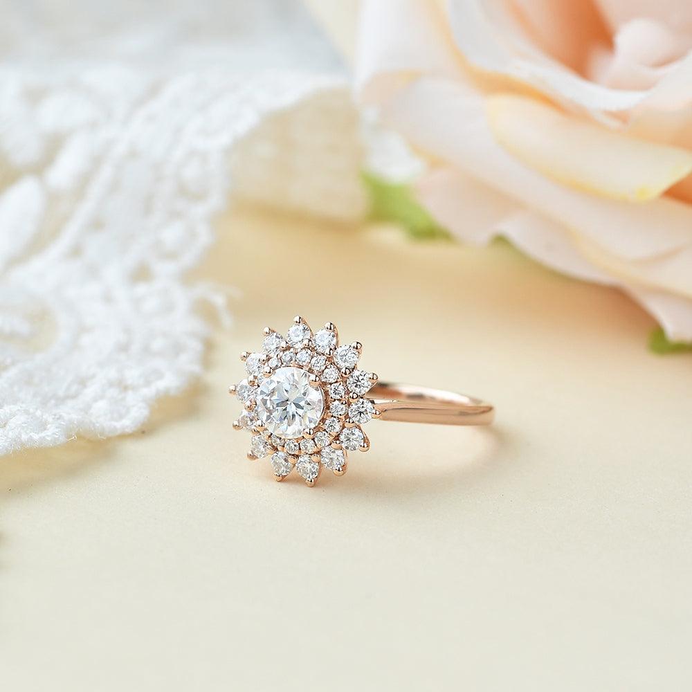 Flower Round Cut Moss Agate Rose Gold Ring