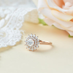 Flower Round Cut Moss Agate Rose Gold Ring