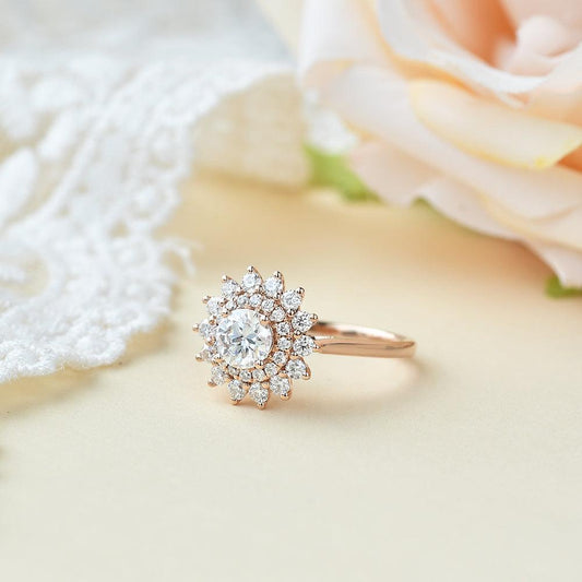 Flower Round Cut Moss Agate Rose Gold Ring