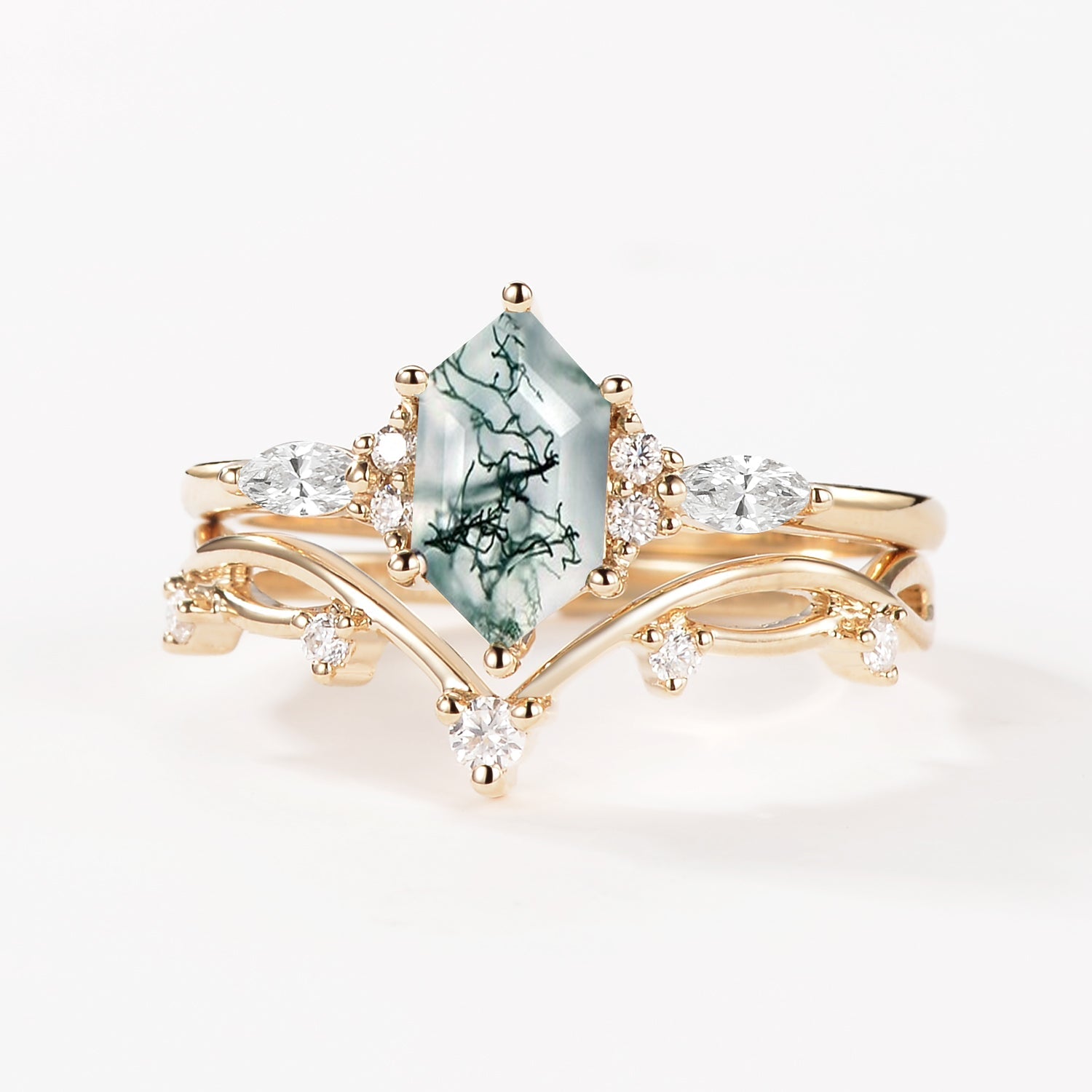 Elongated Hexagon Moss Agate Twig Engagement Ring Set 2pcs - Ona