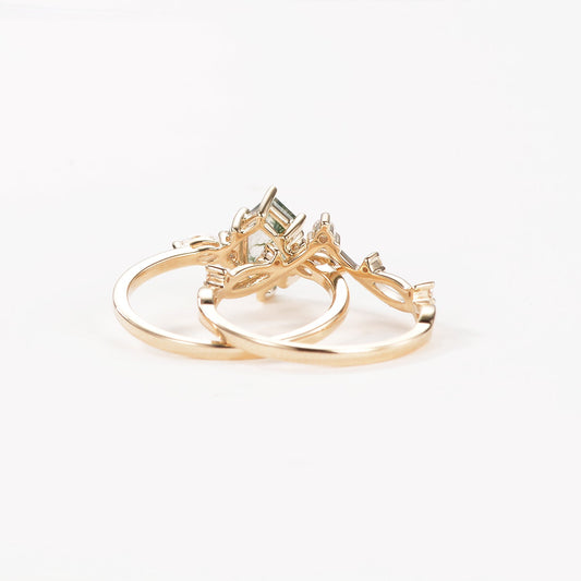 Elongated Hexagon Moss Agate Twig Engagement Ring Set 2pcs - Ona