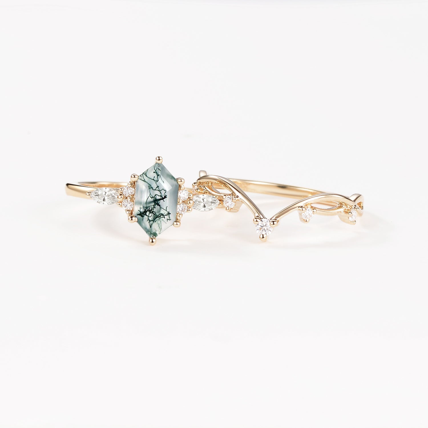Elongated Hexagon Moss Agate Twig Engagement Ring Set 2pcs - Ona