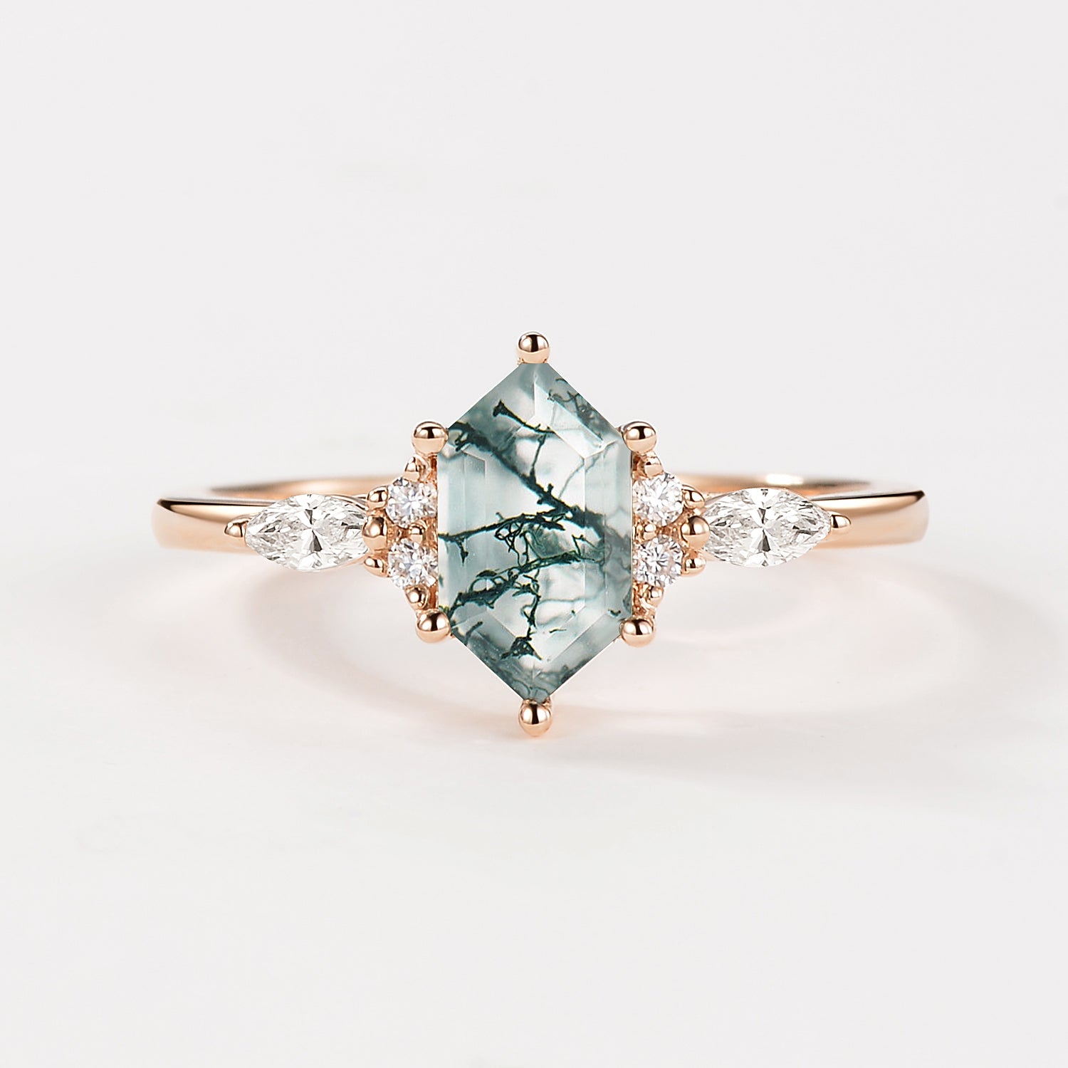 Geometric Hexagon Moss Agate Marquise Engagement Ring