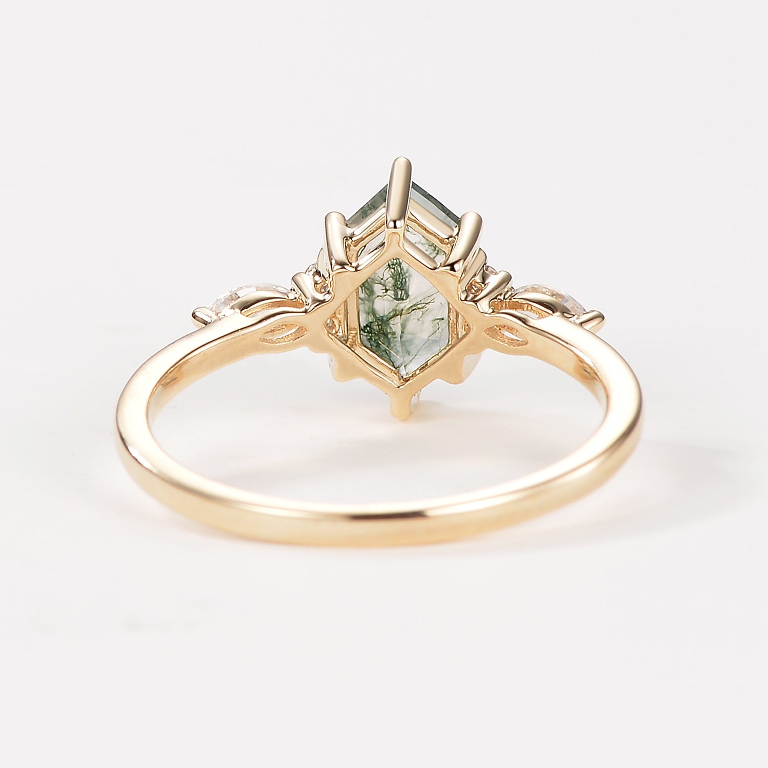 Geometric Hexagon Moss Agate Marquise Engagement Ring