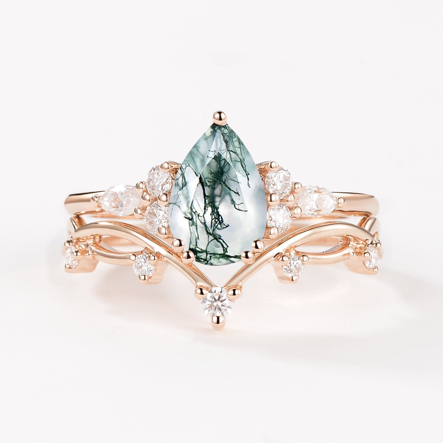 Branches Pear Moss Agate Leafy Ring Set 2pcs - Ona