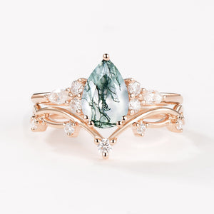 Branches Pear Moss Agate Leafy Ring Set 2pcs - Ona