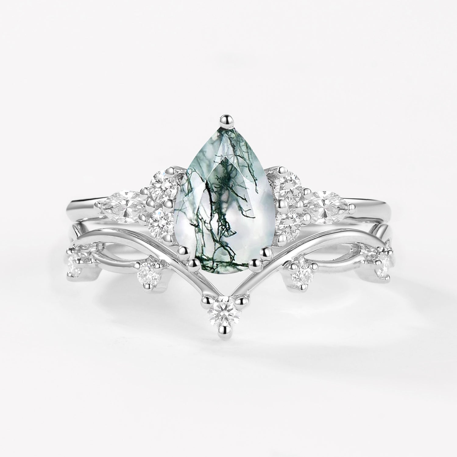 Branches Pear Moss Agate Leafy Ring Set 2pcs - Ona