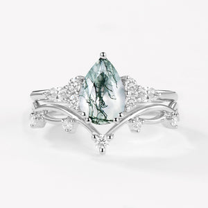 Branches Pear Moss Agate Leafy Ring Set 2pcs - Ona