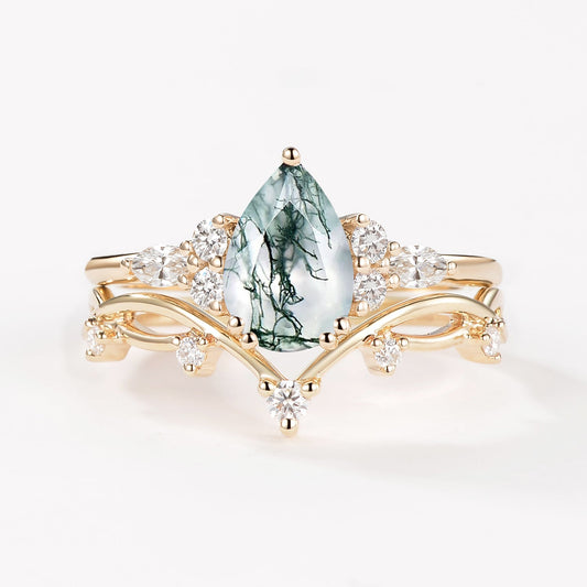 Branches Pear Moss Agate Leafy Ring Set 2pcs - Ona