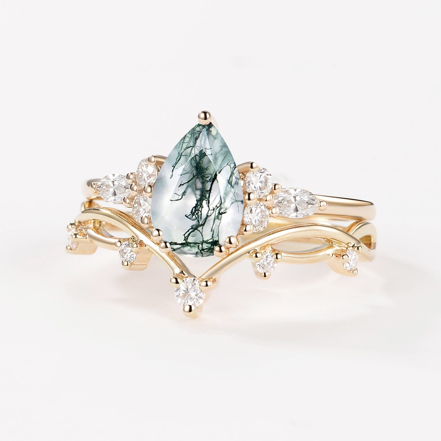 Branches Pear Moss Agate Leafy Ring Set 2pcs - Ona