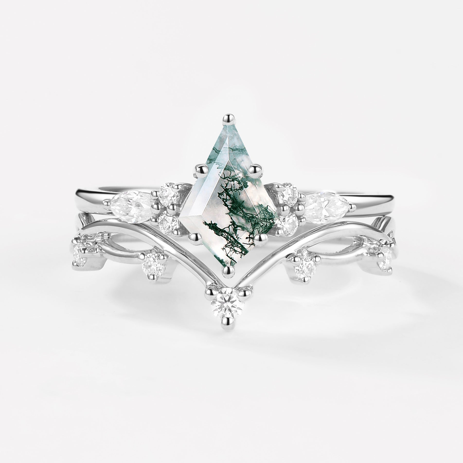 Moss Agate Leafy Cluster Engagement Ring Sets 2pcs