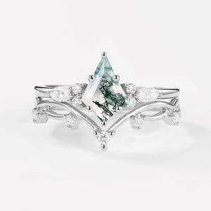 Moss Agate Leafy Cluster Engagement Ring Sets 2pcs