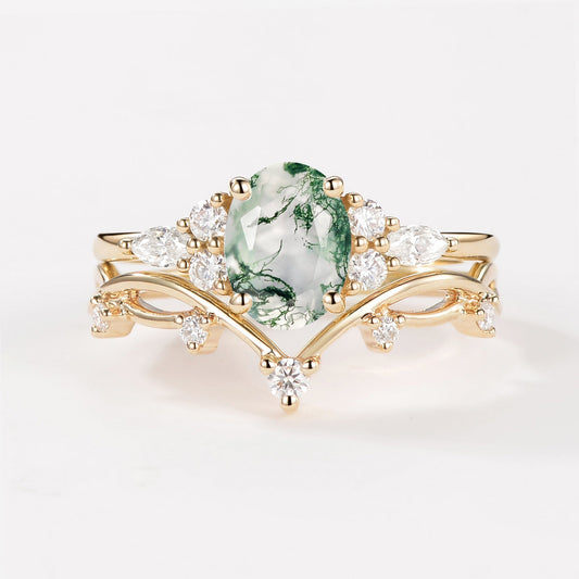 Oval Cut Moss Agate Vintage Gold Ring Set 2pcs - Ona