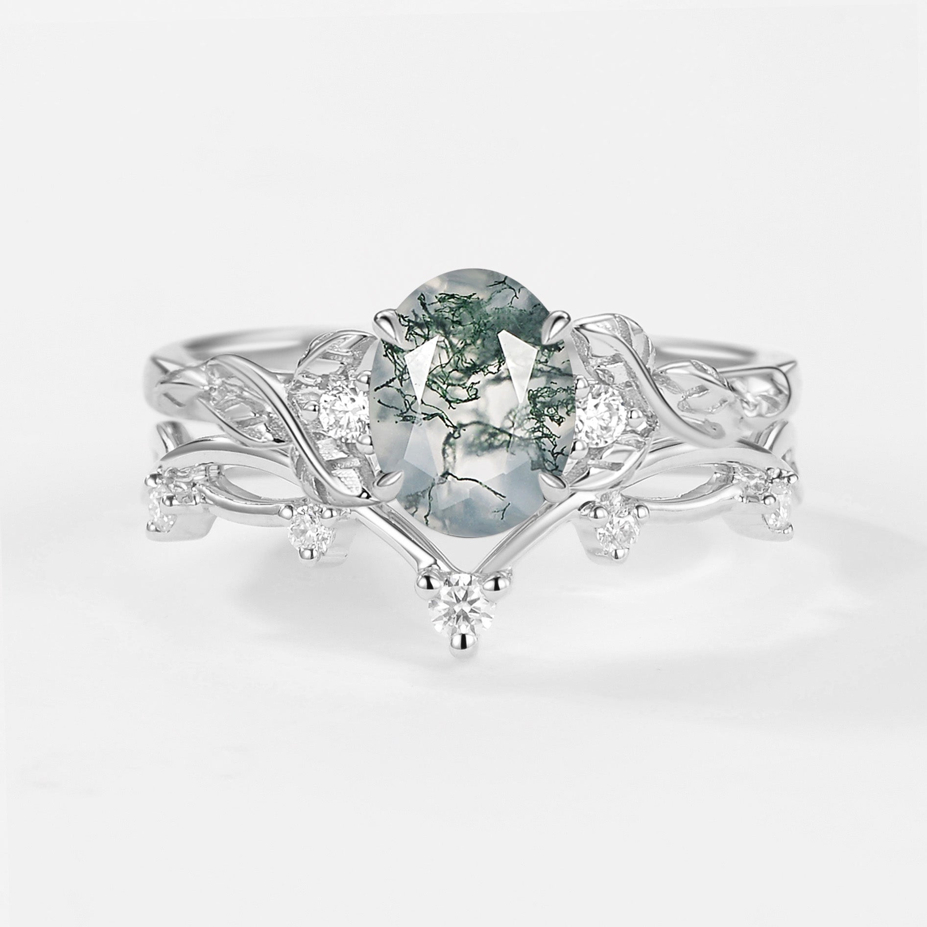 Branches Oval Shaped Moss Agate Leafy Ring Set 2pcs