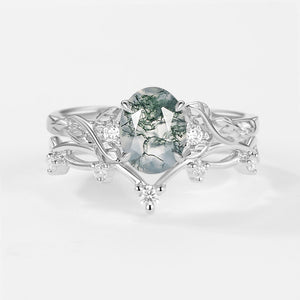 Branches Oval Shaped Moss Agate Leafy Ring Set 2pcs