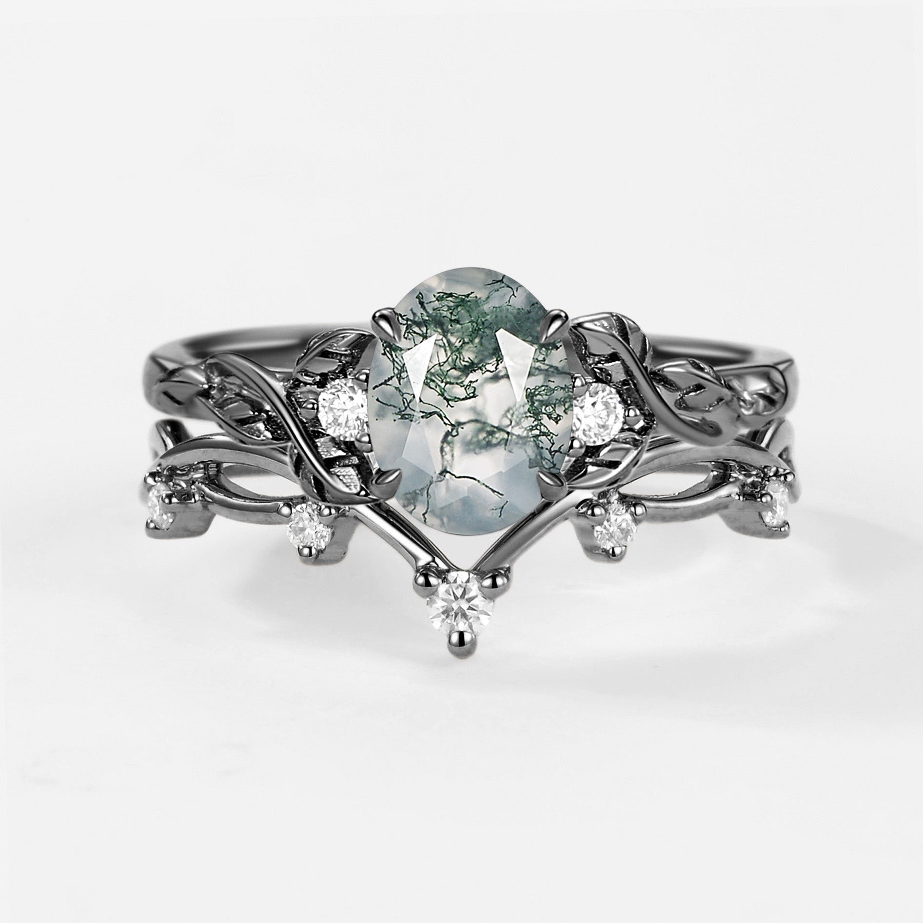 Branches Oval Shaped Moss Agate Leafy Ring Set 2pcs