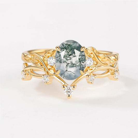 Branches Oval Shaped Moss Agate Leafy Ring Set 2pcs