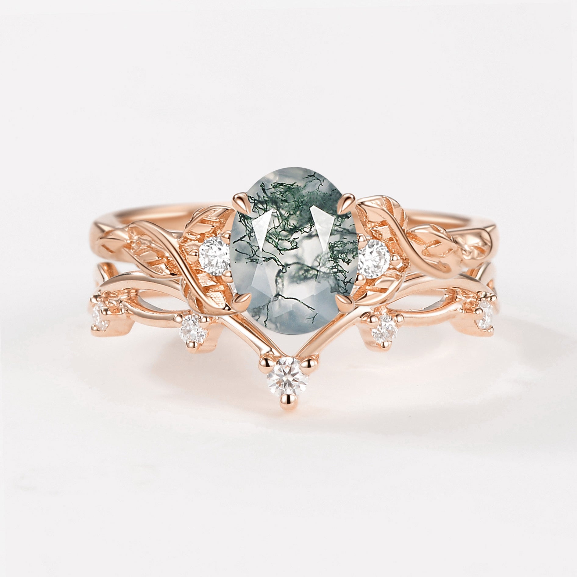 Branches Oval Shaped Moss Agate Leafy Ring Set 2pcs