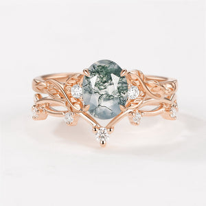 Branches Oval Shaped Moss Agate Leafy Ring Set 2pcs