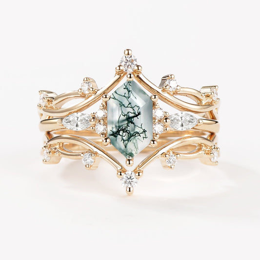 Long Hexagon Moss Agate Leafy Engagement Ring Set 3pcs