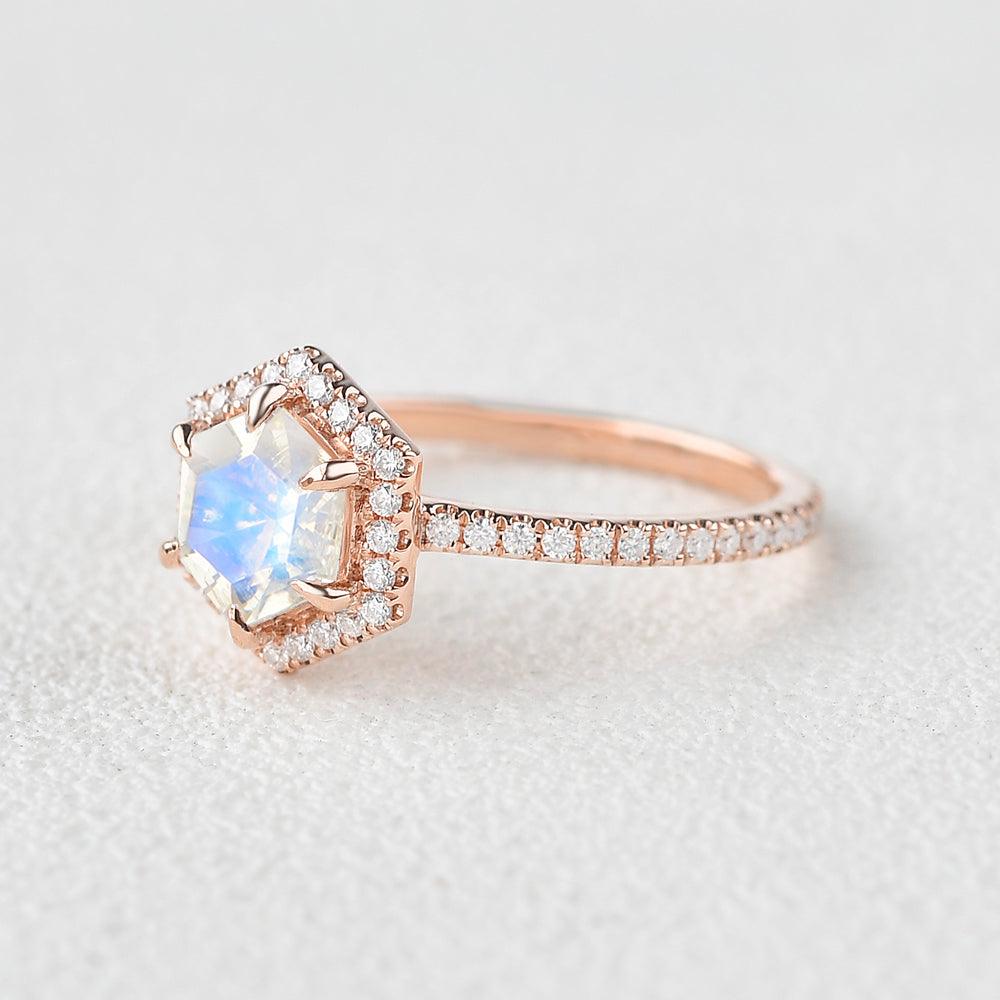 Vintage Hexagon Moonstone & Moissantie Halo Ring