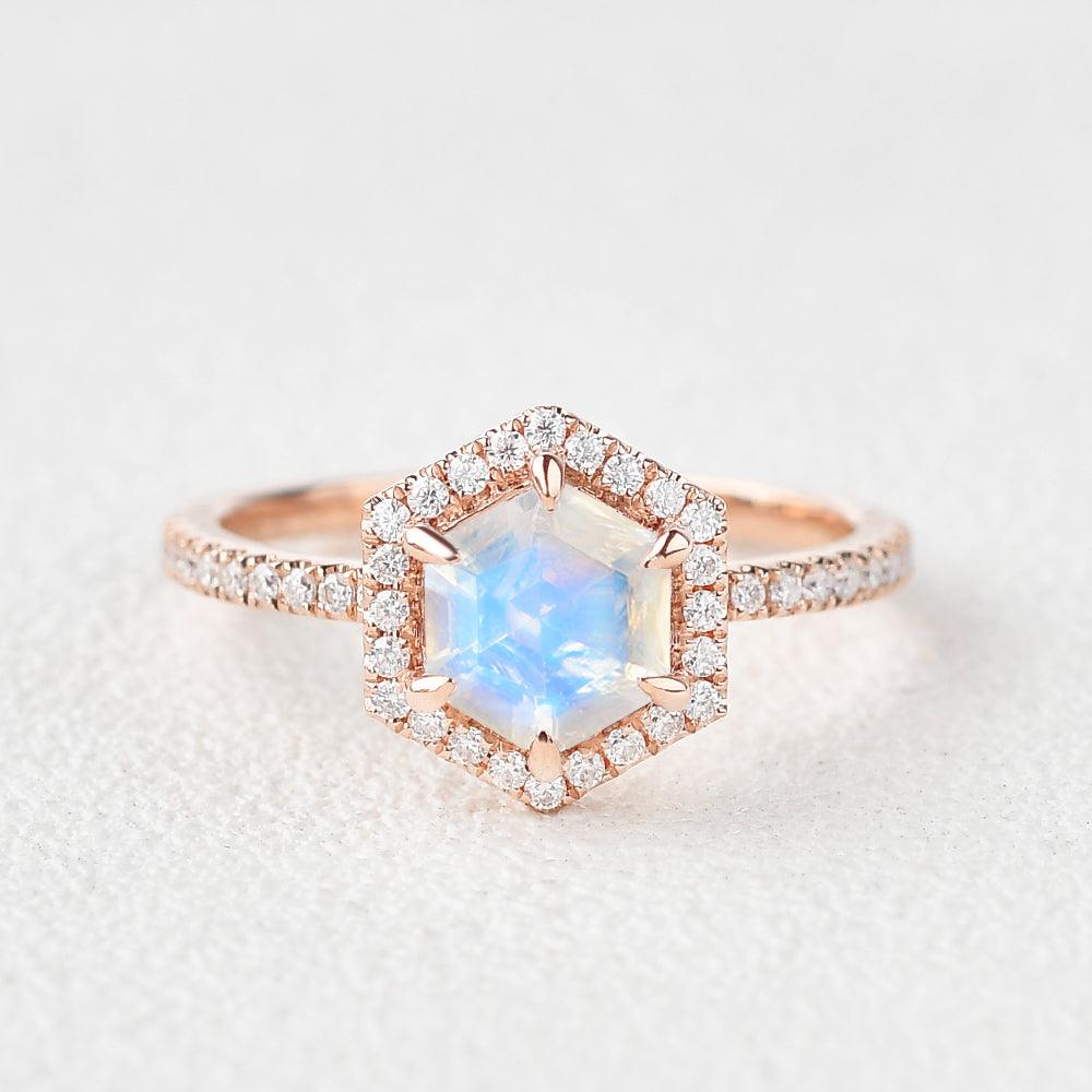 Vintage Hexagon Moonstone & Moissantie Halo Ring