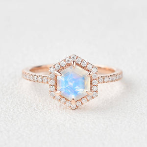 Vintage Hexagon Moonstone & Moissantie Halo Ring
