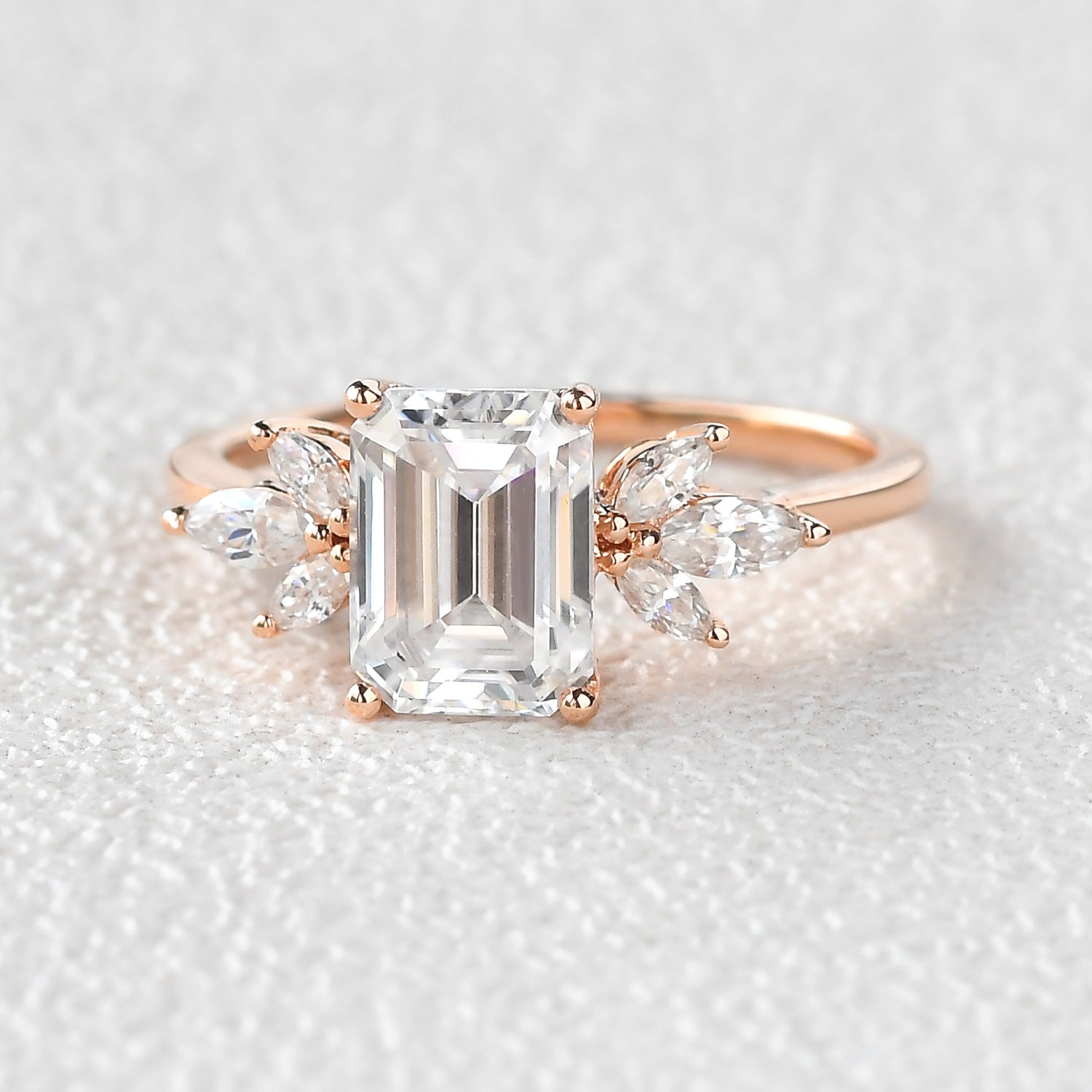 Emerald Cut Moss Agate Cluster Engagement Ring