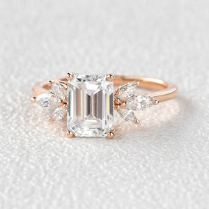 Emerald Cut Moss Agate Cluster Engagement Ring