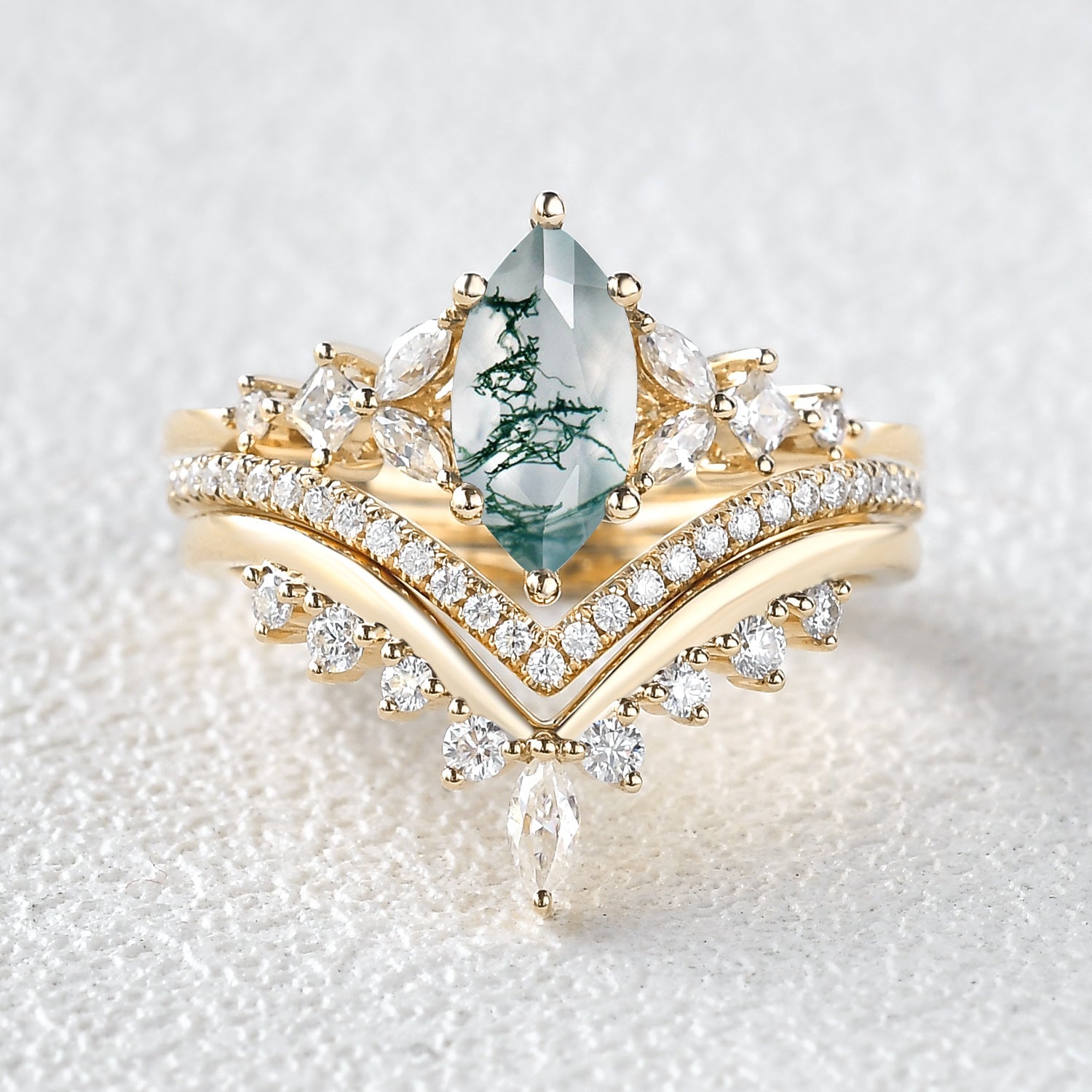 Marquise Moss Agate Engagement Ring Set 3pcs - Amelia