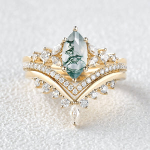 Marquise Moss Agate Engagement Ring Set 3pcs - Amelia