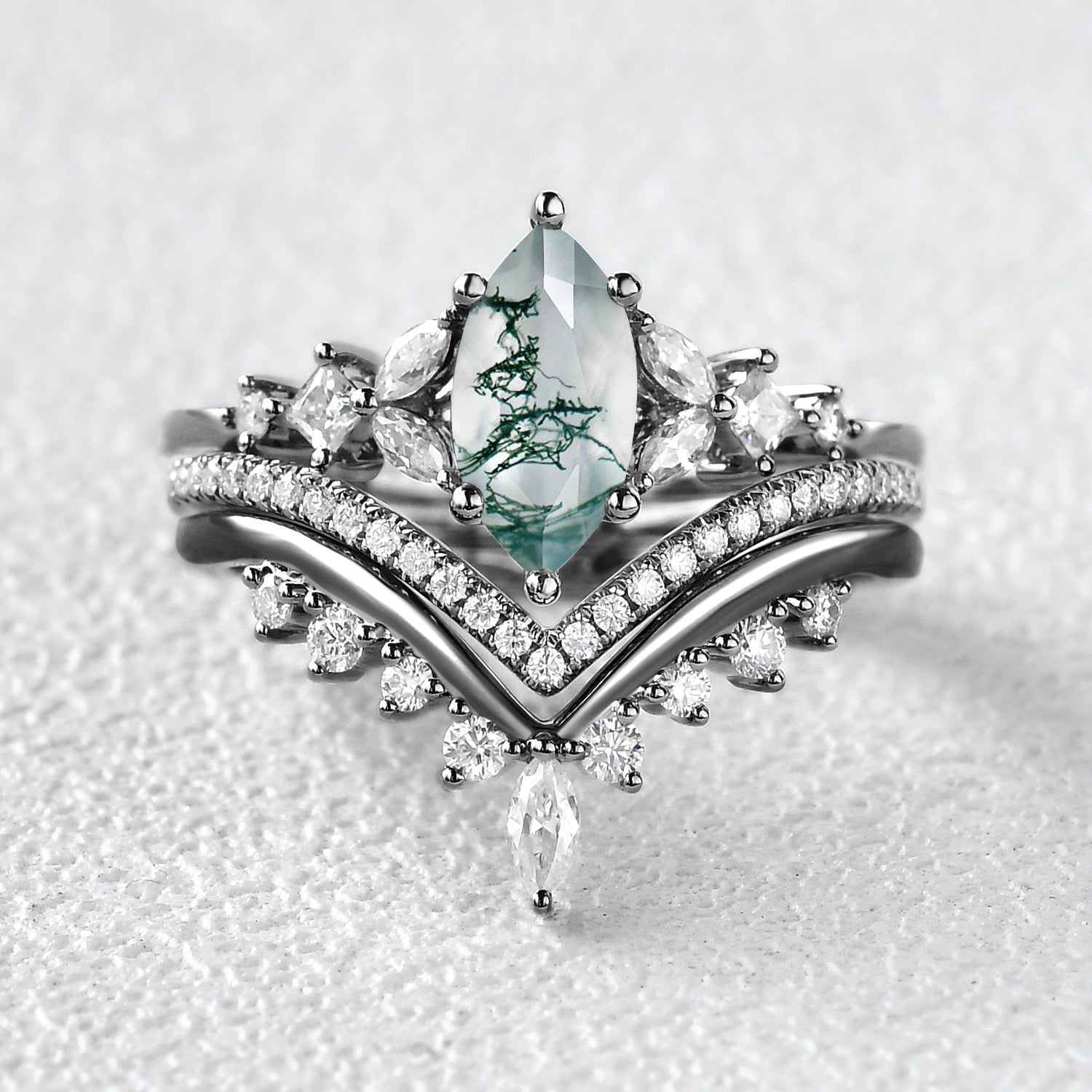 Marquise Moss Agate Engagement Ring Set 3pcs - Amelia