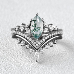 Black Gold Marquise Moss Agate Engagement Ring Set 3pcs