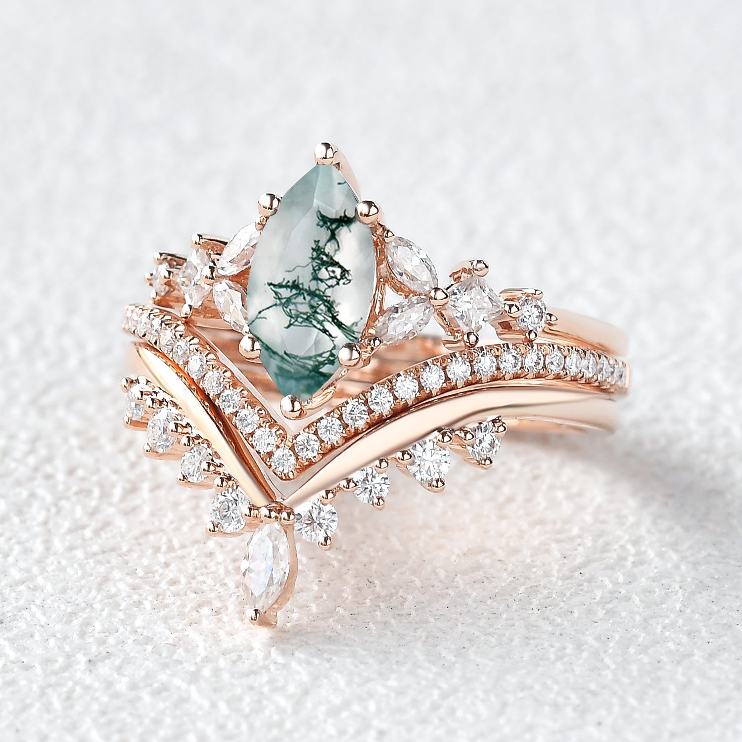 Marquise Moss Agate Engagement Ring Set 3pcs - Amelia