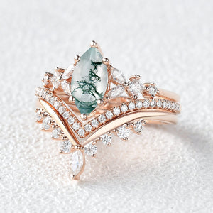 Marquise Moss Agate Engagement Ring Set 3pcs - Amelia