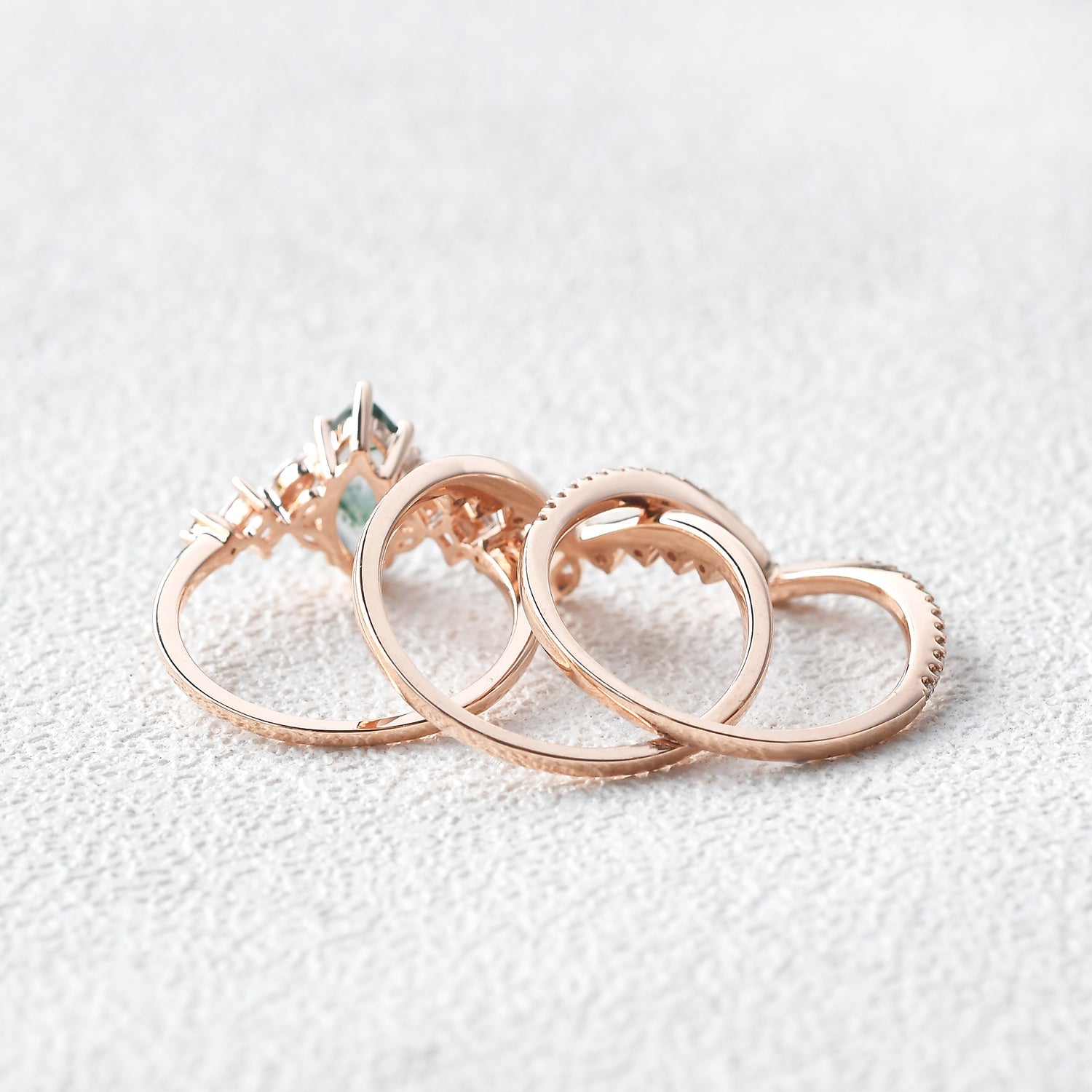 Marquise Moss Agate Engagement Ring Set 3pcs - Amelia