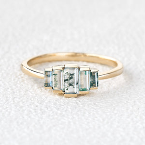 Vintage Baguette Moss Agate Engagement Ring