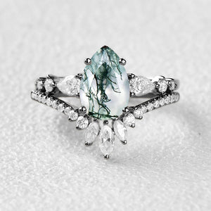 Black Gold Signature Pear Moss Agate Staccato Ring Set 2pcs - Scottie