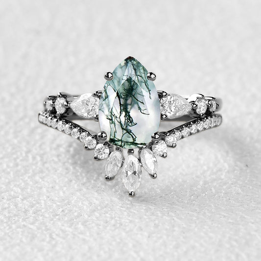 Black Gold Signature Pear Moss Agate Staccato Ring Set 2pcs - Scottie