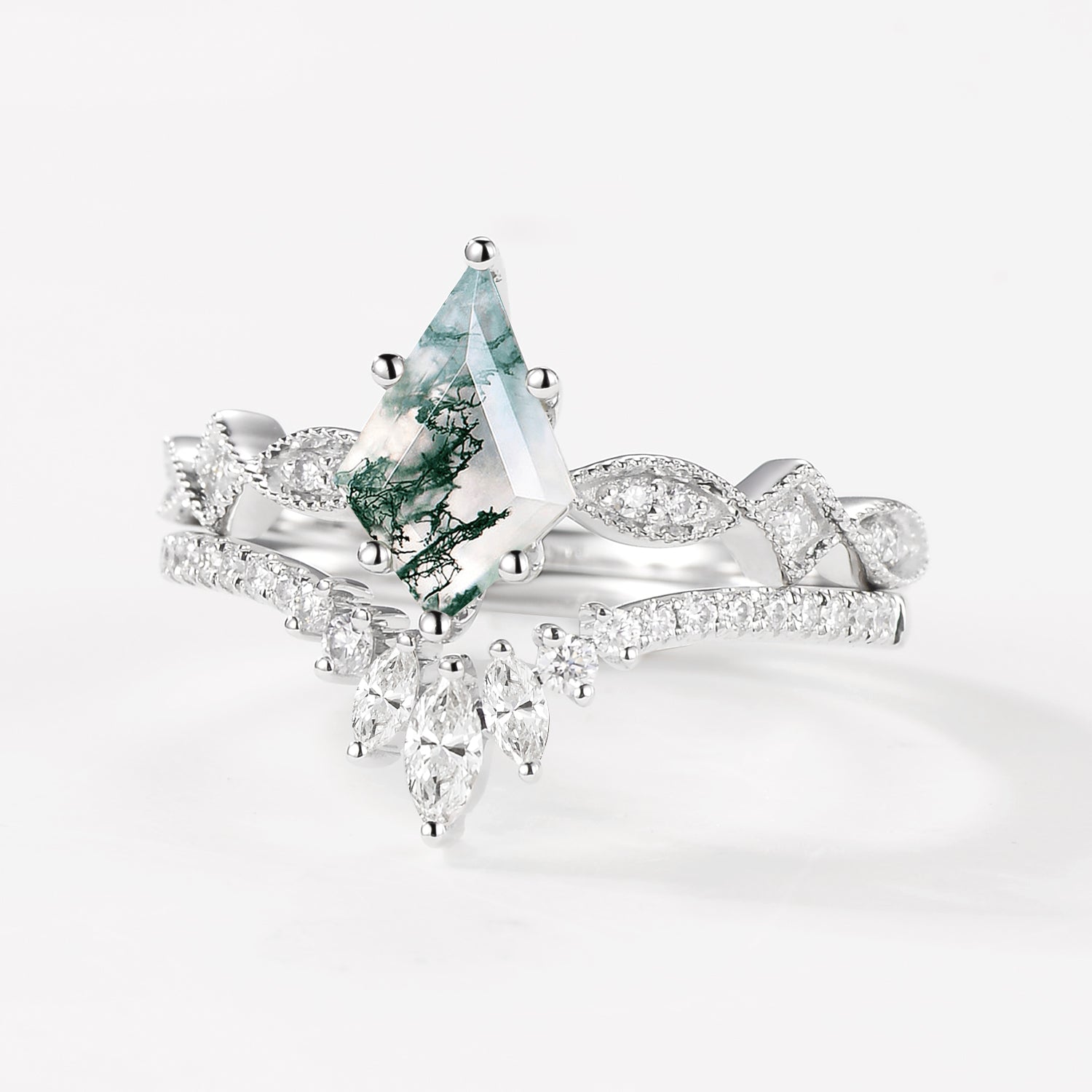 Unique Kite Moss Agate Engagement Ring Sets 2pcs
