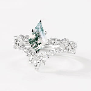 Unique Kite Moss Agate Engagement Ring Sets 2pcs