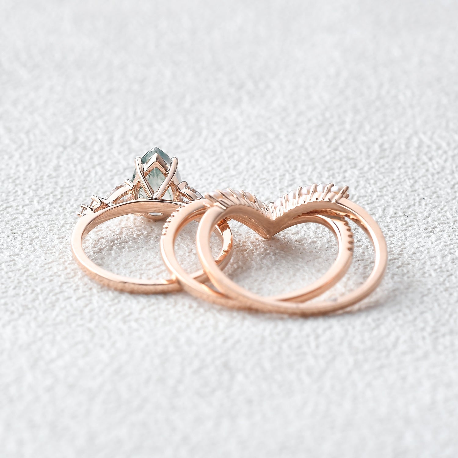 Pear Shaped Moss Agate Pearl Stacking Engagement Ring Set 3pcs