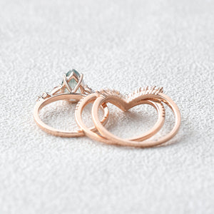 Pear Shaped Moss Agate Pearl Stacking Engagement Ring Set 3pcs